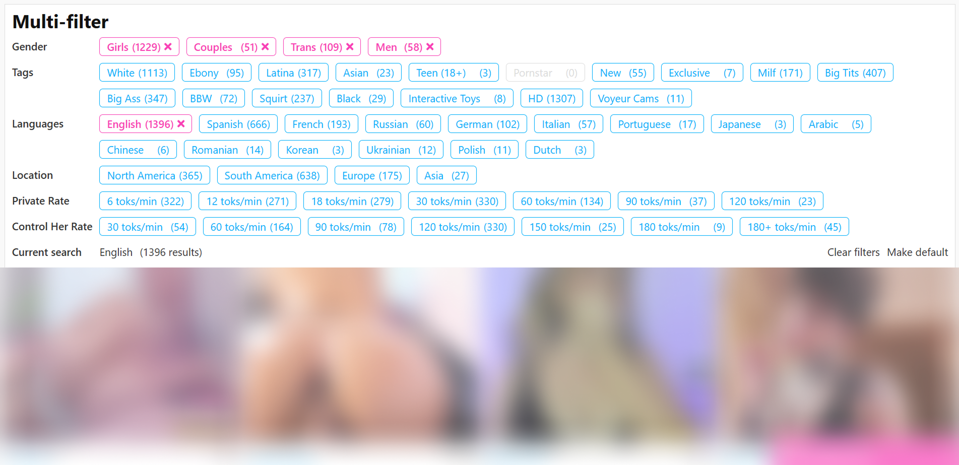 CamSoda model filters and category browsing