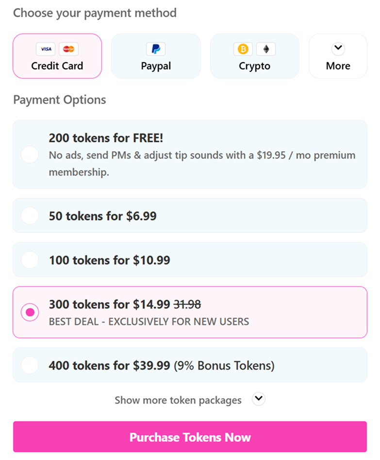 CamSoda pricing and token bundles screen