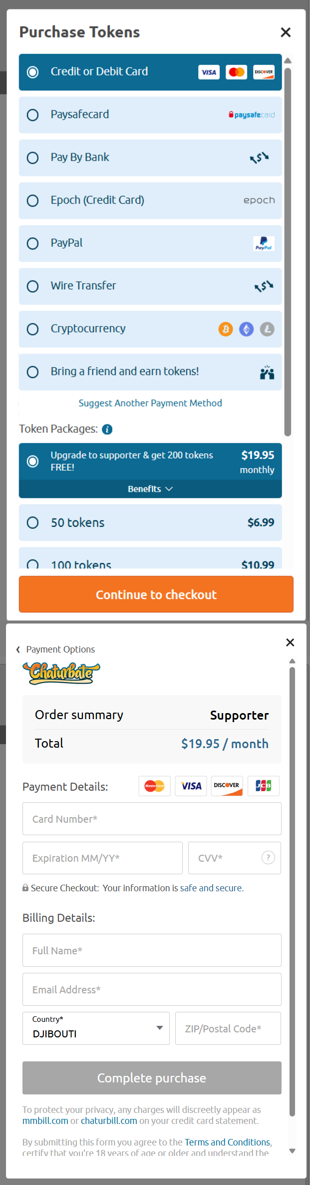 Chaturbate token package selection and secure payment checkout