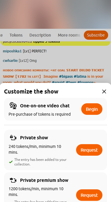 One-on-one video chat in the Chaturbate Customize the show menu on mobile