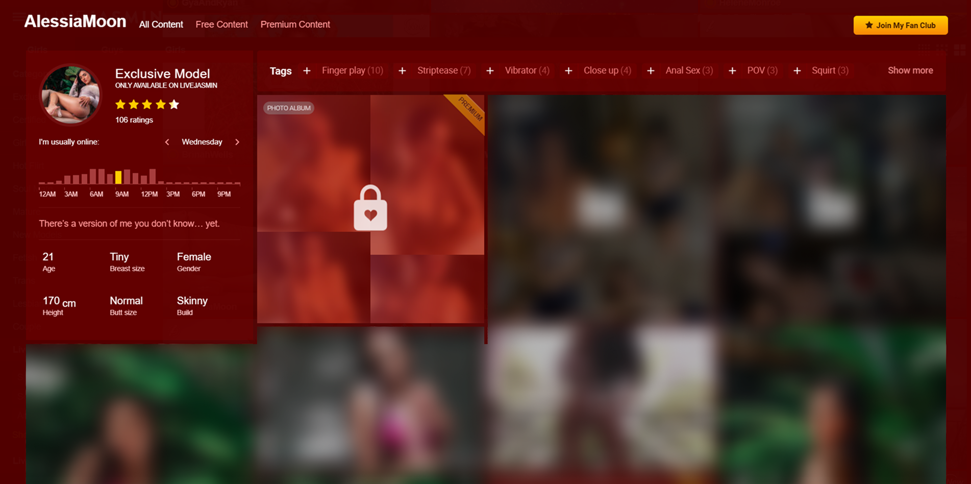 LiveJasmin model profile page with key features
