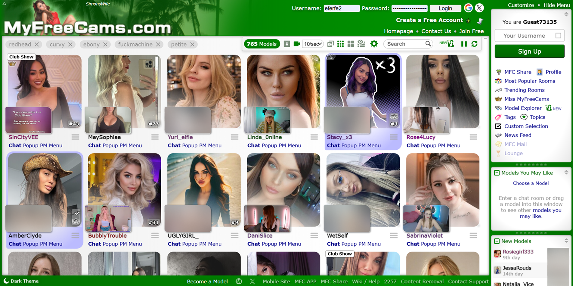 MyFreeCams public room interface with chat and tipping