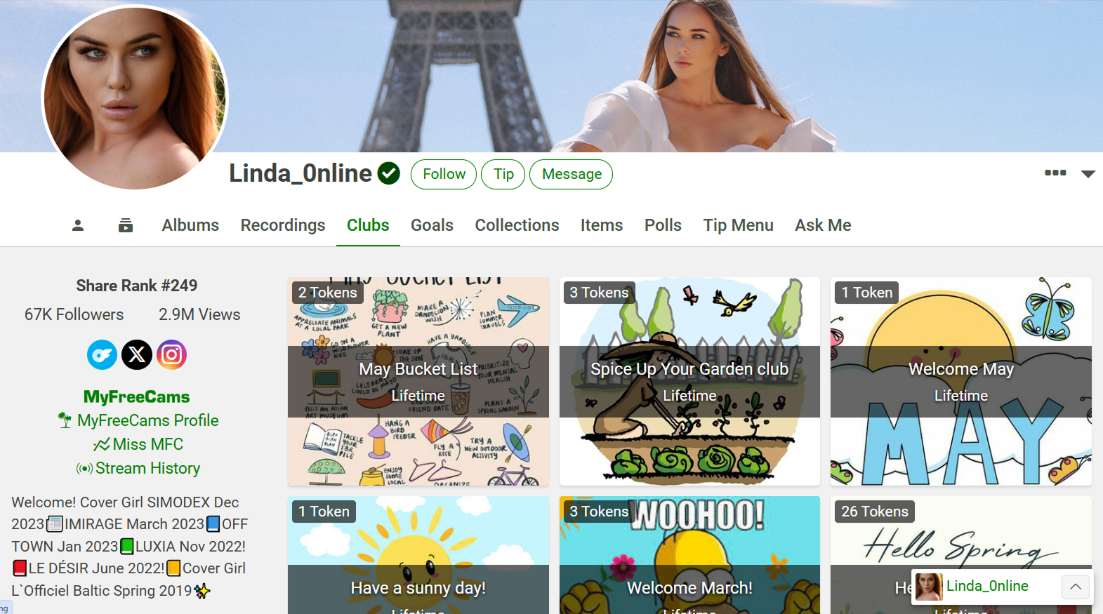 MyFreeCams token menu and tipping options