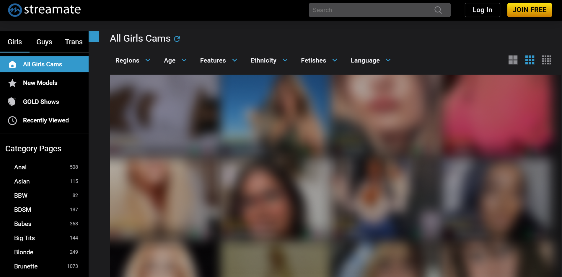 Streamate homepage interface showing model thumbnails