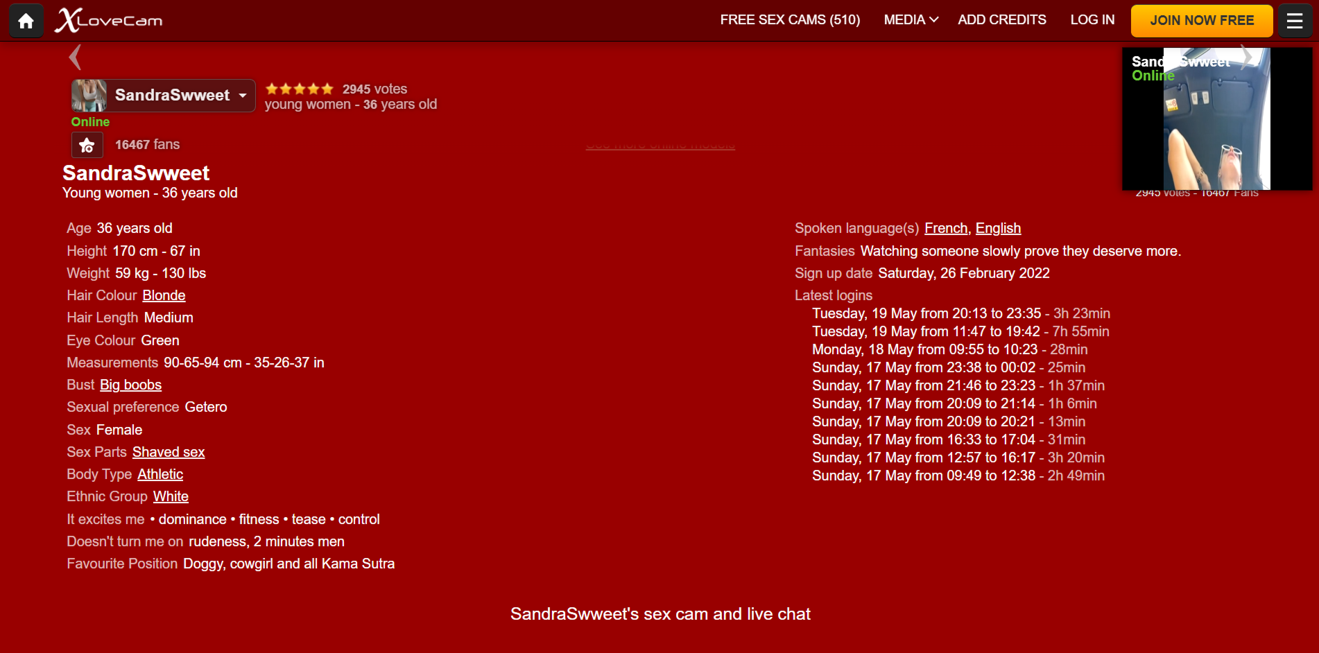 XLoveCam model profile page with key features and galleries